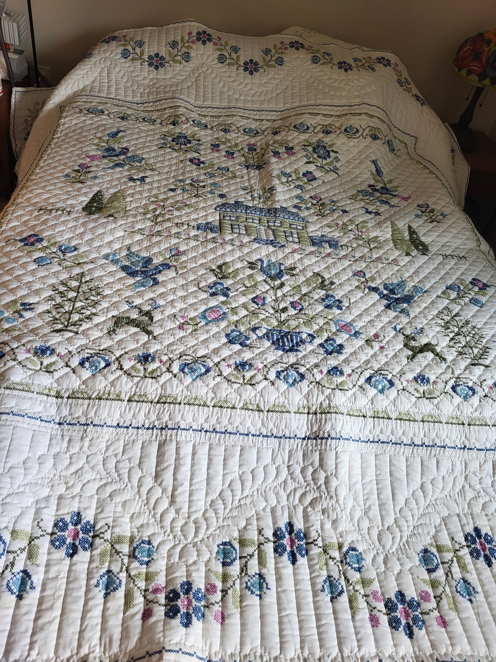 1970s Paragon #01171 American Sampler Cross Stitch Quilt Queen Signed/Dated